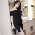 Off-shoulder Short-sleeve Slit-front Tie-waist Plain Sheath Dress