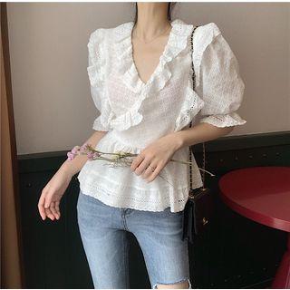 Frilled V-neck Slim-fit Top