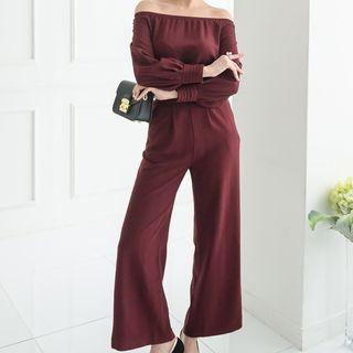 Set: Off-shoulder Long-sleeve Top + High Waist Wide-leg Pants