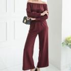 Set: Off-shoulder Long-sleeve Top + High Waist Wide-leg Pants