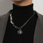 Embossed Disc Pendant Faux Pearl Necklace Silver - One Size