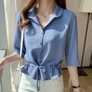 Elbow-sleeve Plain Drawstring-waist Shirt