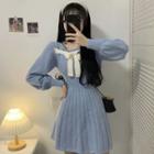 Long-sleeve Bow-accent Knit Mini Dress Blue - One Size