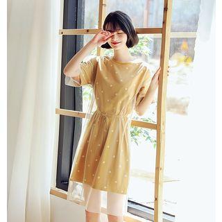 Dotted Mesh Panel Elbow-sleeve T-shirt Dress