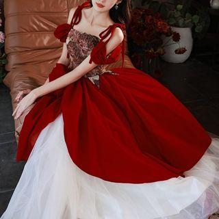 Cold-shoulder Floral Print Panel A-line Evening Gown