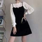 Plain Blouse / Scallop Trim Mini Overall Dress