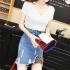 Set: Embroidered Short-sleeve T-shirt + Distressed Denim Skirt