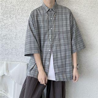 Elbow Sleeve Plaid Shirt Jacket