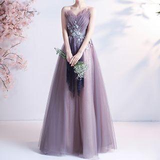 Strapless Floral A-line Mesh Evening Gown