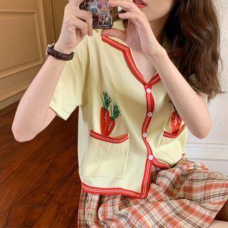 Contrast-trim Carrot Embroidered Short-sleeve Knit Cardigan Almond - One Size