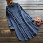 Long-sleeve Frill-trim Shirt Dress Denim Blue - One Size