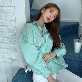 Collared Buttoned Plain Shirt Green - One Size