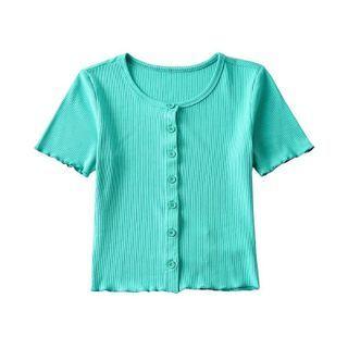 Short Sleeve Ribbed-knit Ruffled-trim Crop Cardigan