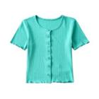 Short Sleeve Ribbed-knit Ruffled-trim Crop Cardigan
