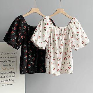 Short-sleeve Cherry Pattern Blouse / Tiered Midi Skirt