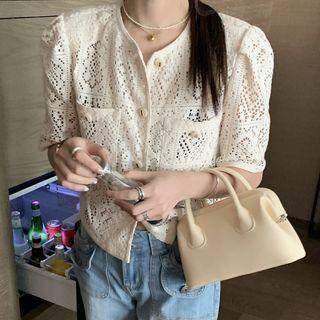 Elbow-sleeve Lace Single-breasted Jacket Beige - One Size