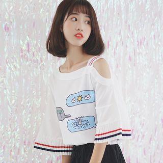 Print Open Shoulder Elbow-sleeve T-shirt