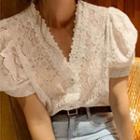 Puff-sleeve Lace V-neck Top