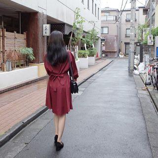 Long-sleeve Tie-waist Half-placket Midi Dress
