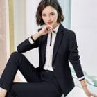 Set: Single-button Blazer + Dress Pants + Pencil Skirt + Bow Accent Blouse