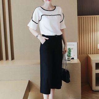 Set: Contrast Trim Elbow Sleeve Top + Wide Leg Pants
