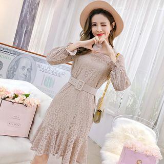 Long-sleeve Mock Neck Ruffle Hem Lace Dress
