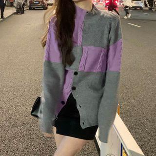Long-sleeve Color Block Knit Sweater Grayish Purple - One Size