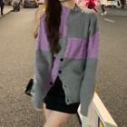 Long-sleeve Color Block Knit Sweater Grayish Purple - One Size