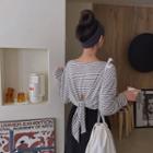 Deep-slit Tie-back Stripe T-shirt