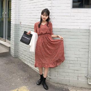 V-neck Frill-trim Floral Long Dress