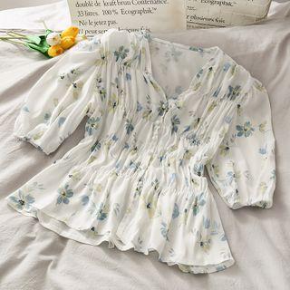 Floral Ruched V-neck Blouse