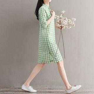 Elbow-sleeve Frog-buttoned Plaid Dress