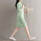 Elbow-sleeve Frog-buttoned Plaid Dress