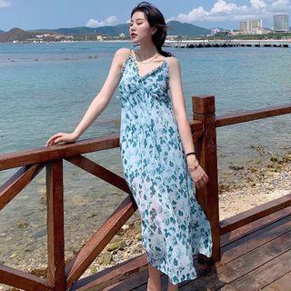 Spaghetti Strap Midi Floral Chiffon Dress Blue - One Size