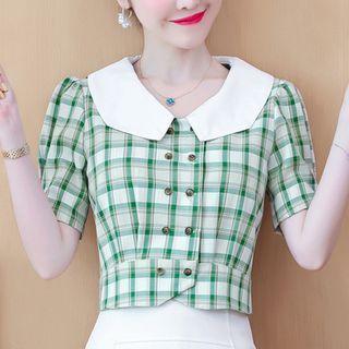 Short-sleeve Plaid Double-breasted Blouse