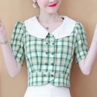 Short-sleeve Plaid Double-breasted Blouse