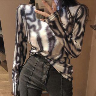 Long-sleeve Print Top Coffee & White - One Size
