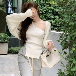 One-shoulder Tank Top / Long-sleeve Shrug / Wide-leg Pants