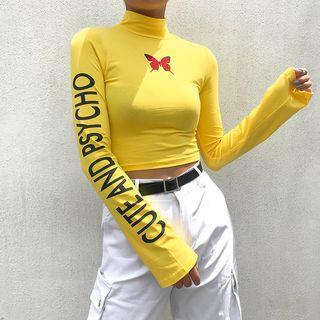 Turtleneck Lettering Long-sleeve Crop Top
