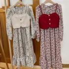 Long-sleeve Flower Print Midi A-line Dress / Cropped Camisole Top