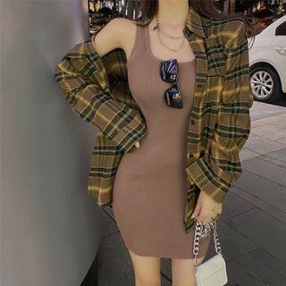 Long-sleeve Plaid Shirt / Mini Sheath Knit Tank Dress