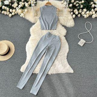 Set Of 2 : Sleeveless Round-neck Cropped Top + High-waist Plain Tapered Pants