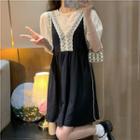 Puff-sleeve Mock Two-piece Lace Trim Dress Almond & Black - One Size