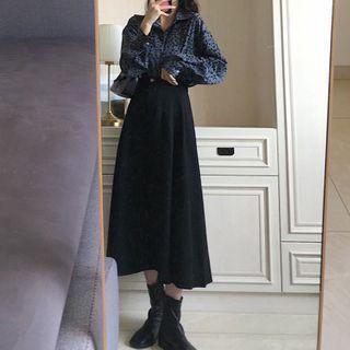 Set: Long-sleeve Print Shirt + Midi A-line Skirt