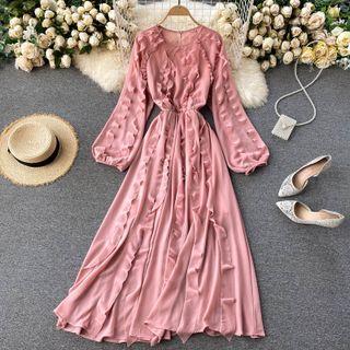 Puff-sleeve Plain A-line Maxi Dress