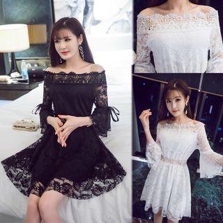 3/4-sleeve Off Shoulder A-line Mini Lace Dress