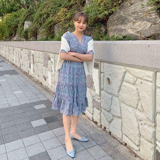 Puff-sleeve Floral Long Tiered Dress
