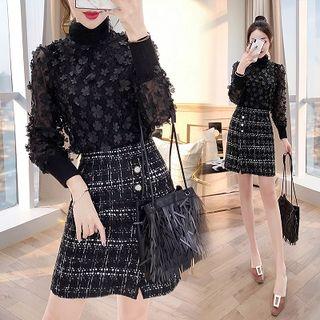 Set: Mock-neck Sweatshirt + Mini Tweed Skirt