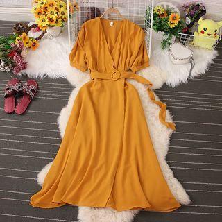 Short-sleeve V-neck Belted Midi Wrap Dress