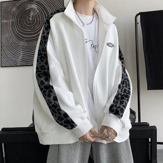 Leopard Trim Oversized Zip Jacket